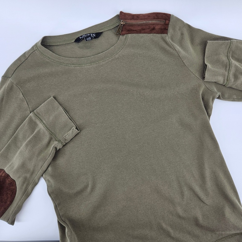 Lauren Ralph Lauren Women Large Shirt Olive Green Suede Patch Equestrian